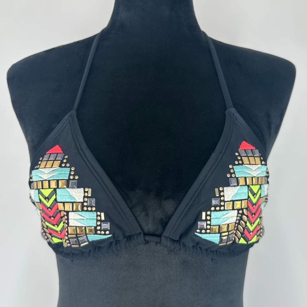 XHILARATION Multicolored Neon Metallic Rhinestone Beaded Triangle Bikini Top